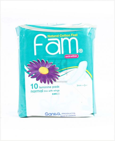 FAM FEMININE PADS EXTRA THIN NORMAL WITH WINGS 10PCS