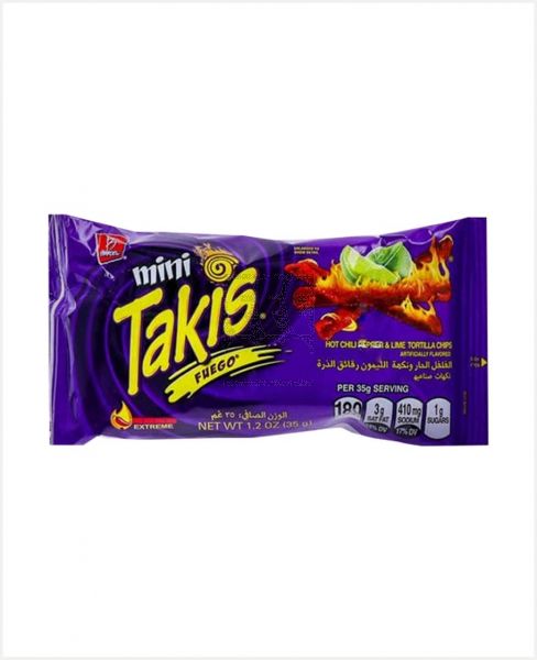 TAKIS FUEGO MINI HOT CHILI PEPPER &LIME TORTILLA CHIPS 35GM