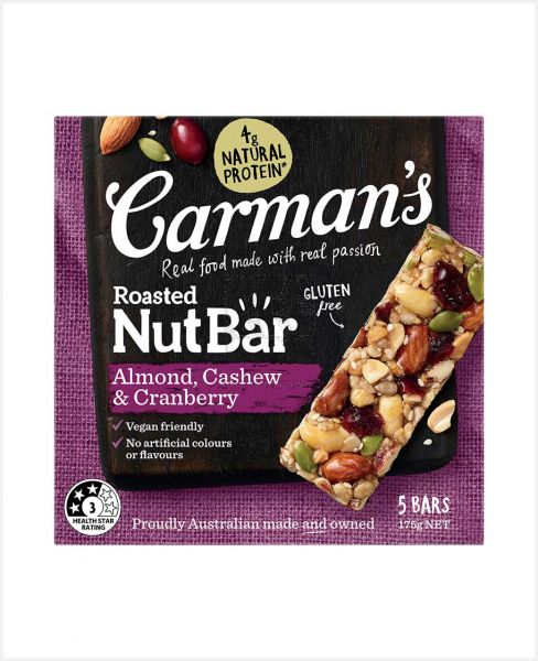 CARMAN'S ROASTED NUT BARS ALMOND CASHEW & CRANBERRY 175GM