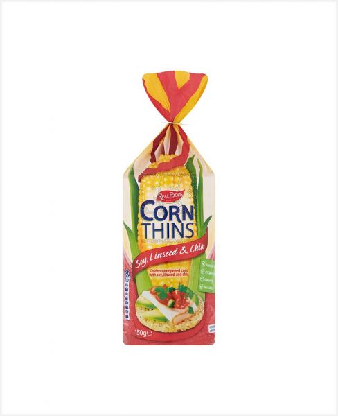 REAL FOODS CORN THINS-SOY,LINSEED & CHIA 150GM