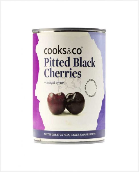 COOKS & CO PITTED BLACK CHERRIES IN LIGHT SYRUP 425GM