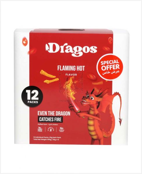 DRAGOS PUFFED CORN FLAMIN HOT FLAVOR 12X25GM