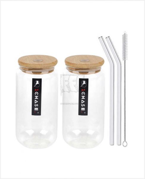 1CHASE BOROSILICATE DRINKING GLASS WITH BAMBOO LID & STRAW 2PCS SET 550ML 1CH-275-MJ-550-2PS