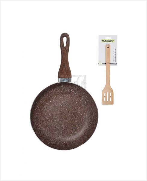 HOMEWAY MARBLE COATED FRYPAN 30CM+WOODEN SLOTTED TURNER