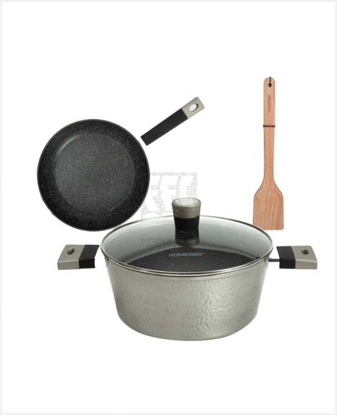HOMEWAY HAMMERED BODY MARBLE CASSEROLE WITH LID 24CM+HAMMERED BODY MARBLE FRYPAN 24CM+WOODEN TURNER