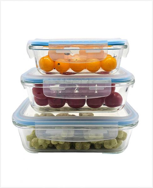 ROYAL BLUE BOROSILICATE GLASS FOOD CONTAINER 3PCS SET 370+640+1000ML