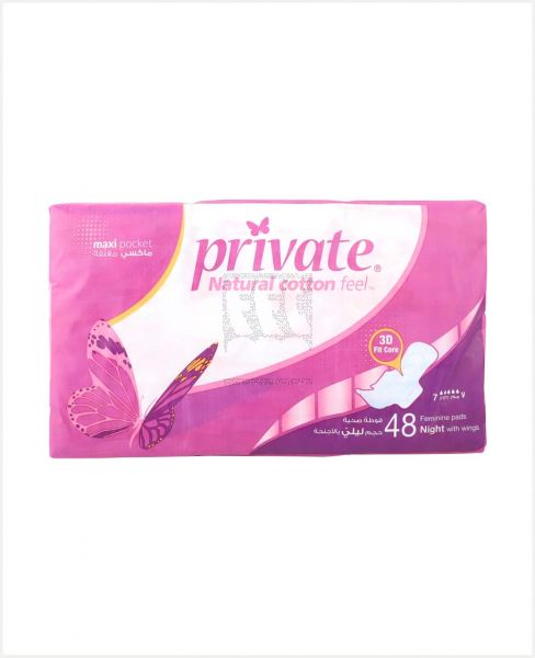 PRIVATE MAXI POCKET NIGHT WITH WINGS FEMININE PADS 48PCS
