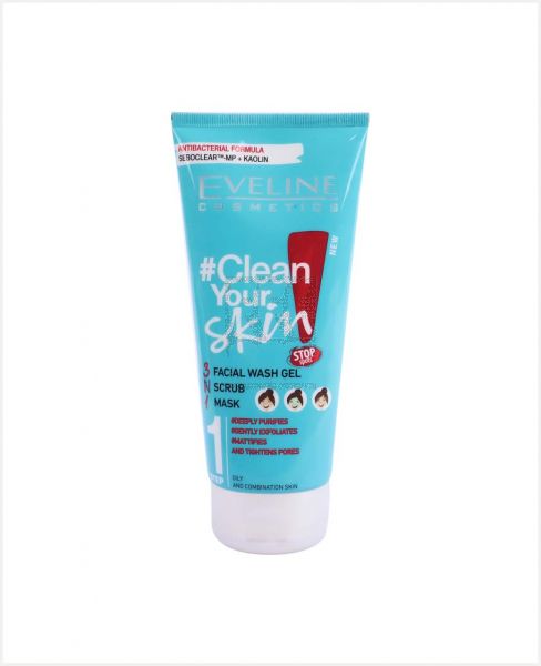 EVELINE CLEAN YOUR SKIN 3N1 FACIAL WASH GEL+SCRUB+MASK 200ML