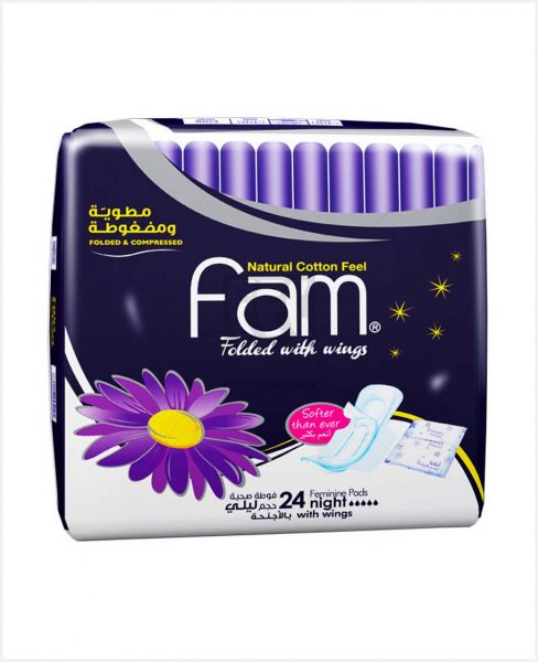 FAM NATURAL COTTON FEEL NIGHT NAPKIN WITH WINGS 24 PADS