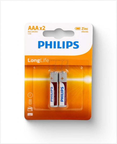 PHILIPS LONGLIFE ZINC BATTERY AAA 2 BLISTER R03L2B/97