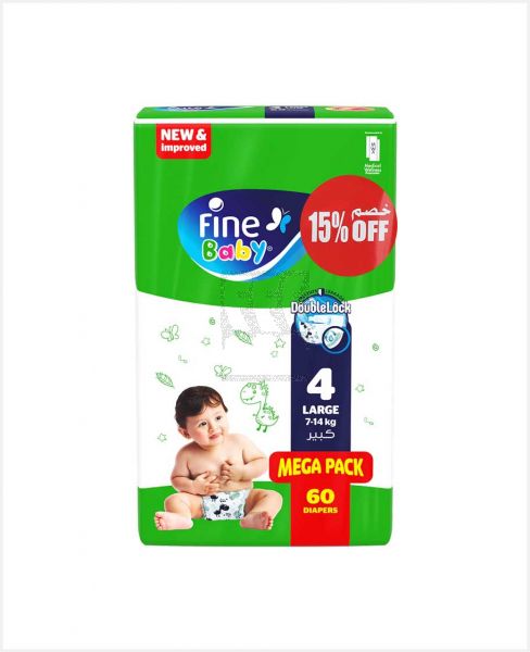 FINE BABY DIAPERS LARGE-4 (7-14KG) MEGA PACK 60S @15%OFF