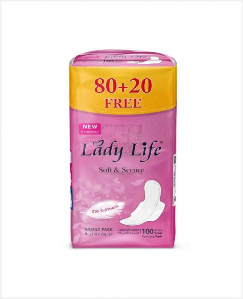 LADY LIFE SOFT & SECURE LARGE WITH WINGS SANITARY PADS 100PCS (80+20FREE)