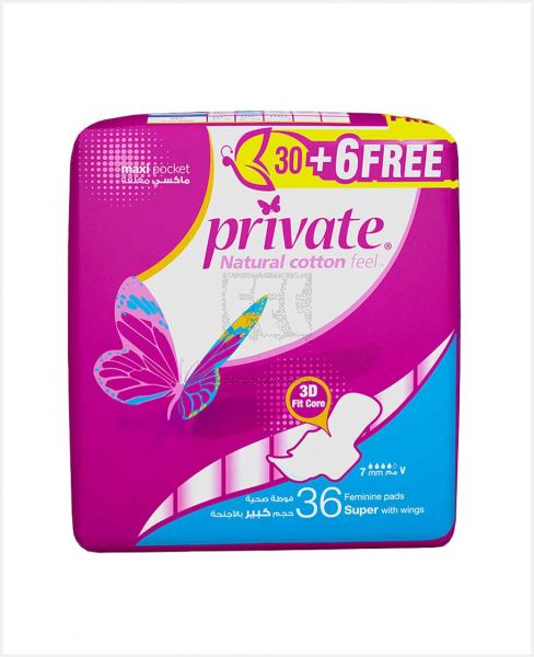 PRIVATE MAXI POCKET SUPER WITH WINGS FEMININE PADS 30PADS+6PADS