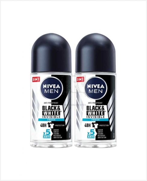 NIVEA INVISIBLE BLACK & WHITE ROLL ON FOR MEN 2X50ML @15%OFF