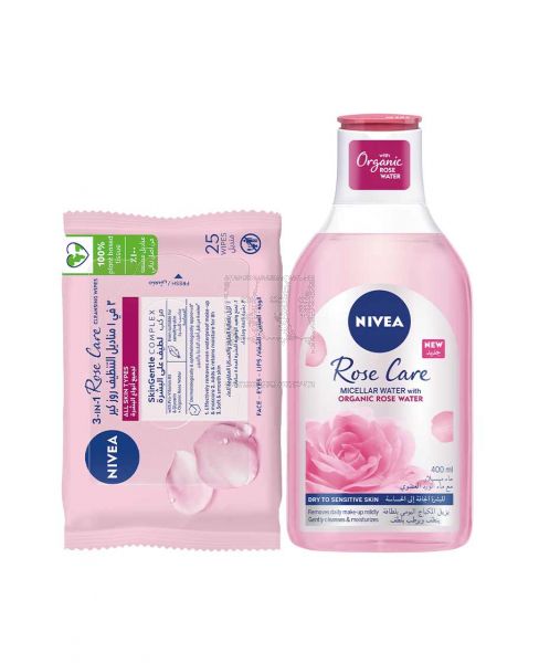 NIVEA ROSE CARE MICELLAR ORGANIC ROSE WATER 400ML+FREE ROSE WIPES