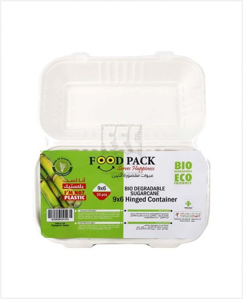 FOOD PACK  BIO DEGRADABLE SUGARCANE 9X6 HINGED CONTAINER 10S