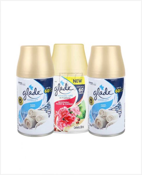 GLADE AUTO REFILL AIR FRESHENER CLEAN LINEN 2SX269ML+PEONY & CHERRY 269ML