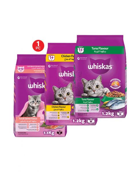WHISKAS JUNIOR 2-12MONTHS TUNA & SALMON FLAVOUR CAT FOOD 1.1KG