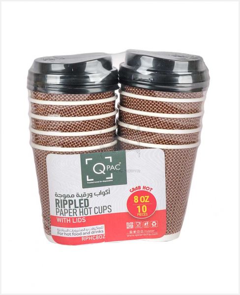 Q PAC RIPPLED PAPER HOT CUPS WITH LID 8OZ 10PCS