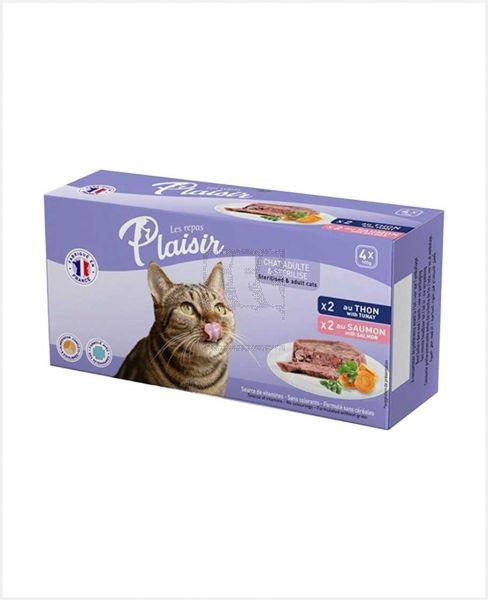 PLAISIR ADULT & STERILISED CAT FOOD WITH TUNA & SALMON (4X100GM) 400GM