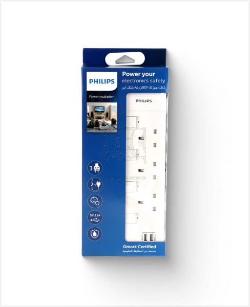 PHILIPS 3 WAY OUTLET EXTENSION SOCKET BS PLUG 2MTR CORD SPN2934WA/56