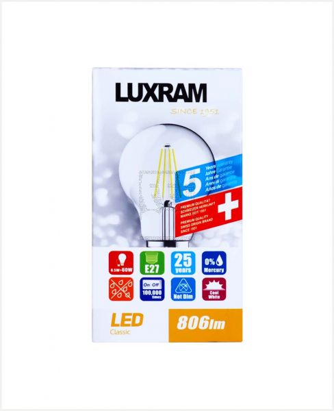 LUXRAM CLASSIC LED GLS BULB E27 6.5W COOL WHTE 4000K (CLEAR)