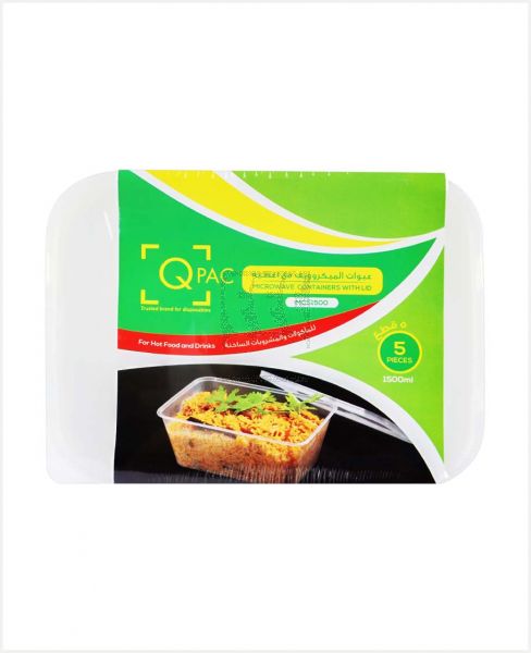 Q PAC MICROWAVE SQUARE CONTAINERS W/LID 5PCS 1500ML#MCS1500